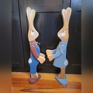 X2 Set Large Chunky Wooden Bunny Door Greeters Figurines Decor Easter Boy Girl